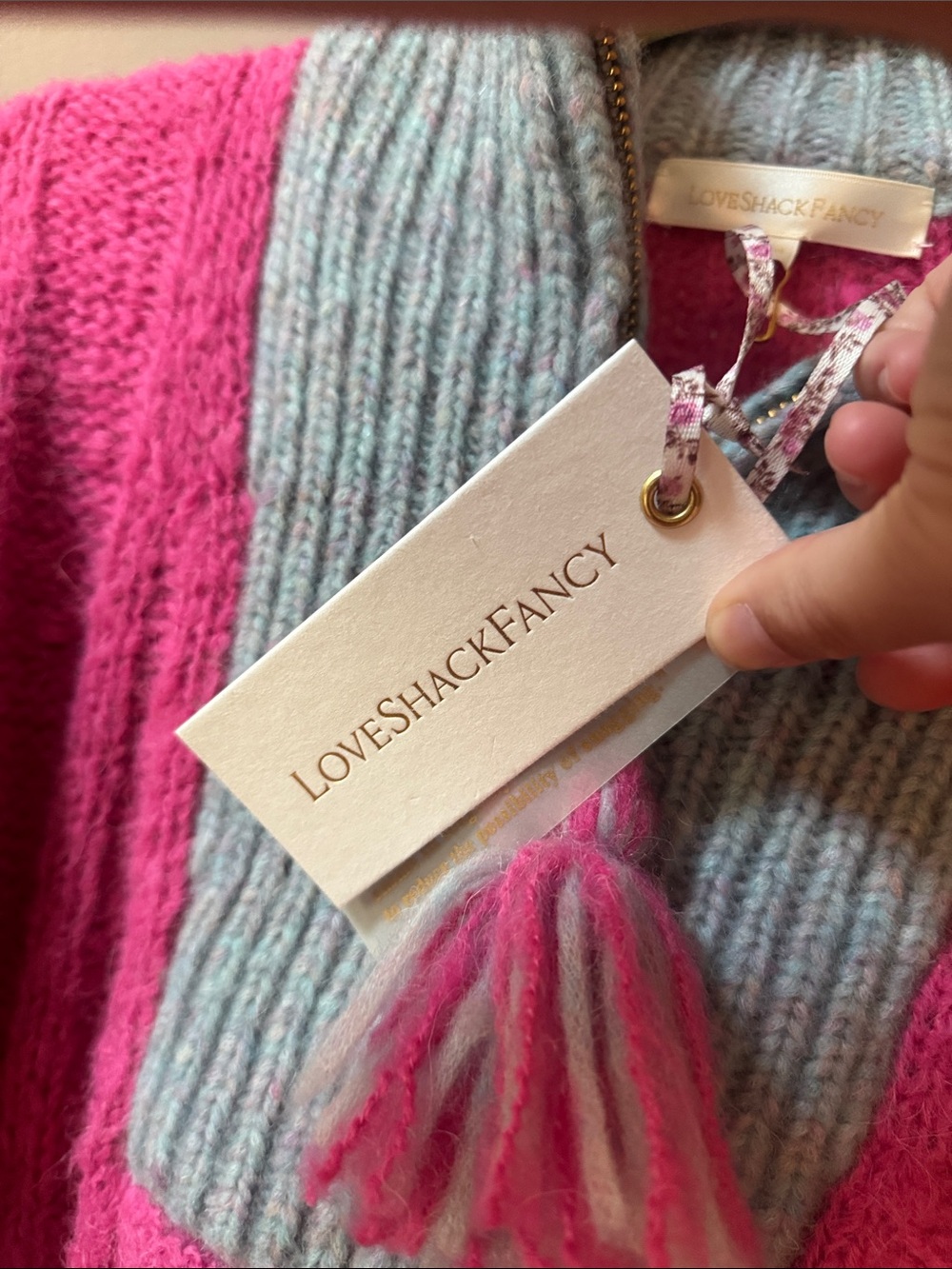 LoveShackFancy Hot Pink Sweater with Light Gray Contrast Turtleneck - Picture 3 of 4